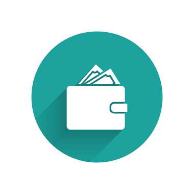 Beyaz cüzdan ile yığınları kağıt para nakit simgesi uzun gölge ile izole. Cüzdan simgesi. Nakit tasarruf sembolü. Yeşil daire düğmesi. Vektör Illustration