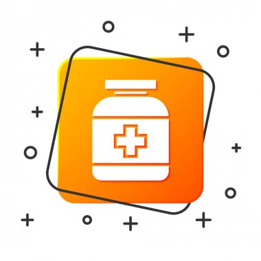 Beyaz tıp şişe simgesi beyaz arka planda izole. Şişe hap işareti. Eczane tasarımı. Turuncu kare düğmesi. Vektör Illustration