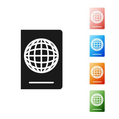 Beyaz zemin üzerinde biyometrik veri simgesi olan siyah pasaport. Kimlik Belgesi. Simgeleri renklendirin. Vektör İllüstrasyonu