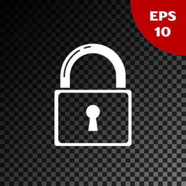 Beyaz kilit simgesi şeffaf koyu arka planda yalıtılmış. Asma kilit işareti. Güvenlik, emniyet, koruma, gizlilik konsepti. Vektör Illustration