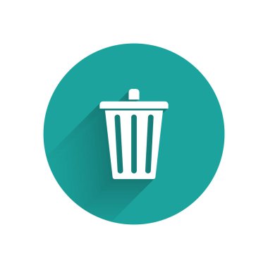 Beyaz çöp kutusu uzun gölge ile izole edilebilir simgesi. Çöp kutusu işareti. Sepet simgesini geri dönüştürün. Office çöp kutusu simgesi. Yeşil daire düğmesi. Vektör Illustration