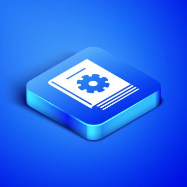 Mavi arka planda yalıtılmış izometrik Kullanıcı Kılavuzu simgesi. Kullanım Kılavuzu kitabı. Yönerge işareti. Kullanmadan önce okuyun. Mavi kare düğmesi. Vektör Illustration