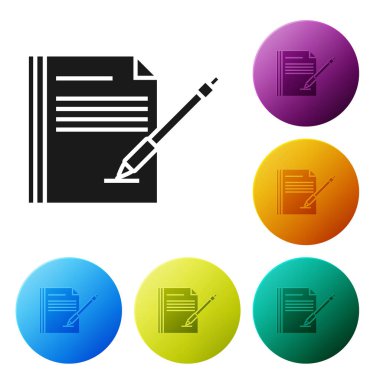 Siyah boş dizüstü ve kalem simgesi beyaz arka planda yalıtılmış. Kağıt ve kalem. Simgeler renkli daire düğmelerini ayarlayın. Vektör Illustration