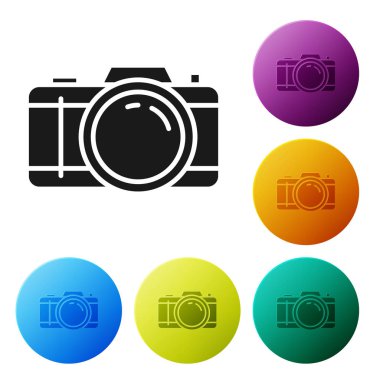 Siyah fotoğraf kamera simgesi beyaz arka planda izole. Foto kamera simgesi. Simgeler renkli daire düğmelerini ayarlayın. Vektör Illustration