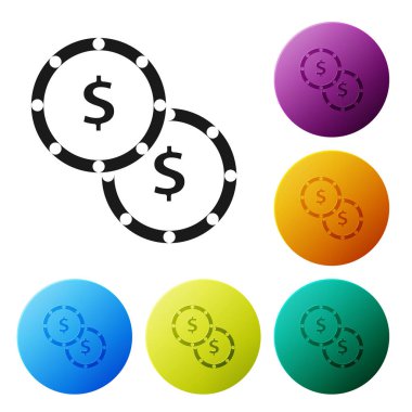 Siyah Coin para dolar sembol simgesi beyaz arka planda izole. Bankacılık para birimi işareti. Nakit sembolü. Simgeler renkli daire düğmelerini ayarlayın. Vektör Illustration