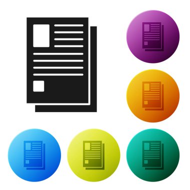 Siyah dosya belge simgesi beyaz arka planda yalıtılmış. Kontrol listesi simgesi. İş konsepti. Simgeler renkli daire düğmelerini ayarlayın. Vektör Illustration