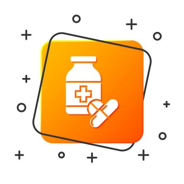 Beyaz tıp şişe ve hap simgesi beyaz arka planda izole. Şişe hap işareti. Eczane tasarımı. Turuncu kare düğmesi. Vektör Illustration