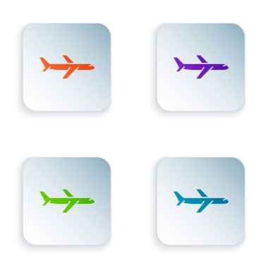 Beyaz arka planda izole renkli düzlem simgesi. Uçan uçak simgesi. Airliner işareti. Renkli kare düğmeleri simgeleri ayarlayın. Vektör Illustration