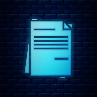 Parlayan neon dosya belgesi simgesi tuğla duvar arka planında izole edildi. Kontrol listesi simgesi. İş konsepti. Vektör İllüstrasyonu