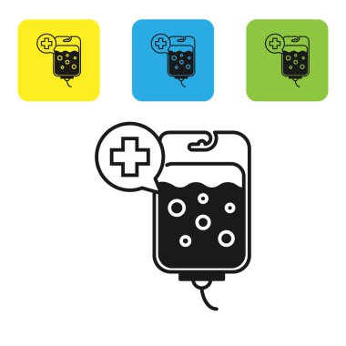 Siyah IV çanta simgesi beyaz arka planda izole. Kan torbası simgesi. Kan kavramı bağış. Tedavi ve terapi kavramı, kemoterapi. Set simgeleri renkli kare düğmeler. Vektör Illustration