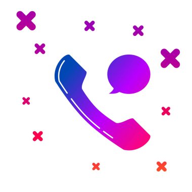 Beyaz arka planda izole renkli telefon ahize ve konuşma kabarcık sohbet simgesi. Telefon tabelası. Degrade rasgele dinamik şekiller. Vektör Illustration