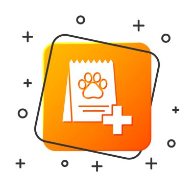 Beyaz çanta beyaz arka planda izole köpek simgesi için gıda. Köpek veya kedi pençe baskı. Hayvanlar için yiyecek. PET gıda paketi. Turuncu kare düğmesi. Vektör Illustration