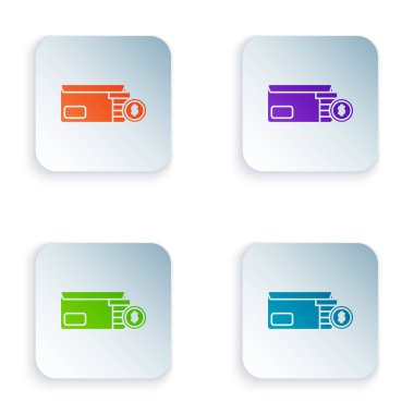 Beyaz arka planda izole jeton dolar sembol simgesi ile renk zarf. Maaş artışı, para bordro, tazminat geliri. Renkli kare düğmeleri simgeleri ayarlayın. Vektör Illustration