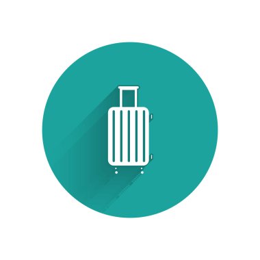 Seyahat simgesi için beyaz bavul uzun gölgeli izole edilmiş. Seyahat bagaj tabelası. Seyahat bagaj ikonu. Yeşil daire düğmesi. Vektör İllüstrasyonu
