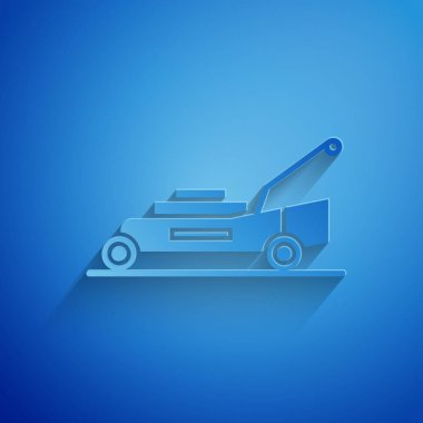 Kağıt kesilmiş Çim biçme makinesi simgesi mavi arka plan üzerinde izole. Çim biçme makinesi çim leri kesiyor. Kağıt sanat tarzı. Vektör İllüstrasyonu