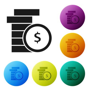 Siyah Coin para dolar sembol simgesi beyaz arka planda izole. Bankacılık para birimi işareti. Nakit sembolü. Simgeler renkli daire düğmelerini ayarlayın. Vektör Illustration