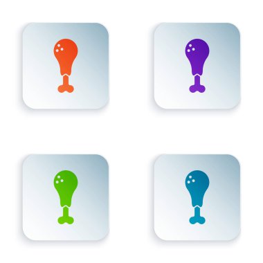 Beyaz arka planda izole renk tavuk bacak simgesi. Tavuk sopası. Renkli kare düğmeleri simgeleri ayarlayın. Vektör Illustration