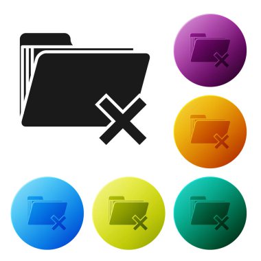 Siyah beyaz arka planda yalıtılmış klasör simgesini silin. Geri dönüşüm kutusu içeren klasör. Sil veya hata klasörü. Bilgisayar bilgileri klasörünü kapatın. Simgeler renkli daire düğmelerini ayarlayın. Vektör Illustration