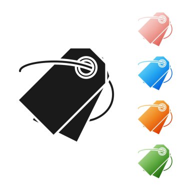 Beyaz arka planda yalıtılmış siyah boş etiket şablon fiyat etiketi simgesi. Boş alışveriş indirimi etiketi. Şablon iskonto başlığı. Simgeler renkli ayarlayın. Vektör Illustration