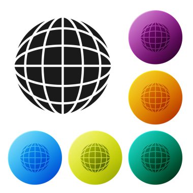 Siyah toprak küre simgesi beyaz arka planda izole. Dünya veya dünya tabelası. Küresel internet sembolü. Geometrik şekiller. Simgeler renkli daire düğmelerini ayarlayın. Vektör Illustration