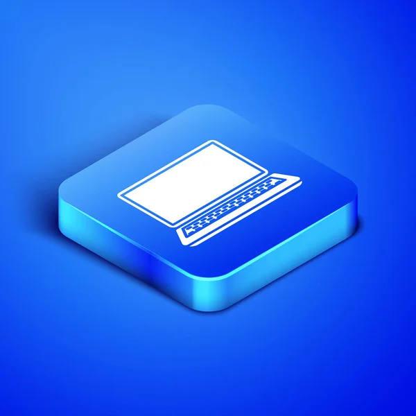 Isometrisches Laptop-Symbol isoliert auf blauem Hintergrund. Computer-Notizbuch mit leerem Bildschirm. blauer quadratischer Knopf. Vektorillustration — Stockvektor