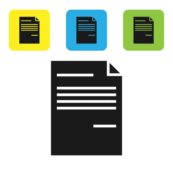 Ícone de documento preto isolado no fundo branco. Ícone de arquivo. Ícone da lista de verificação. Conceito de negócio. Definir ícones coloridos botões quadrados. Ilustração vetorial — Vetor de Stock