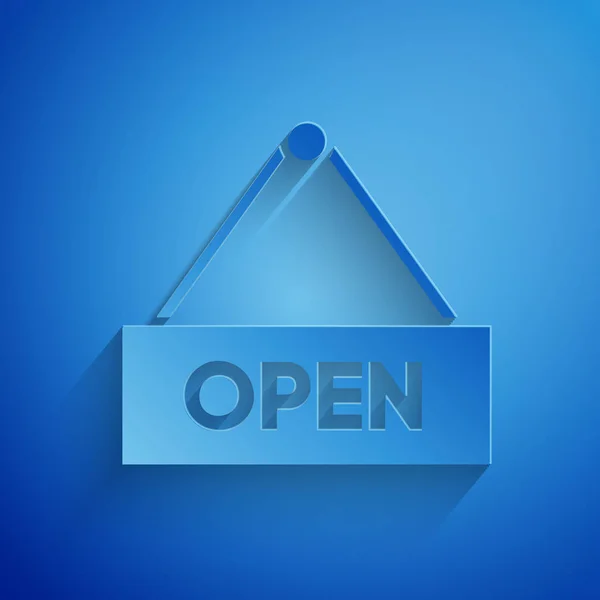 Papper skära hängande skylt med text öppen dörr ikonen isolerad på blå bakgrund. Papperskonst stil. Vektor illustration — Stock vektor
