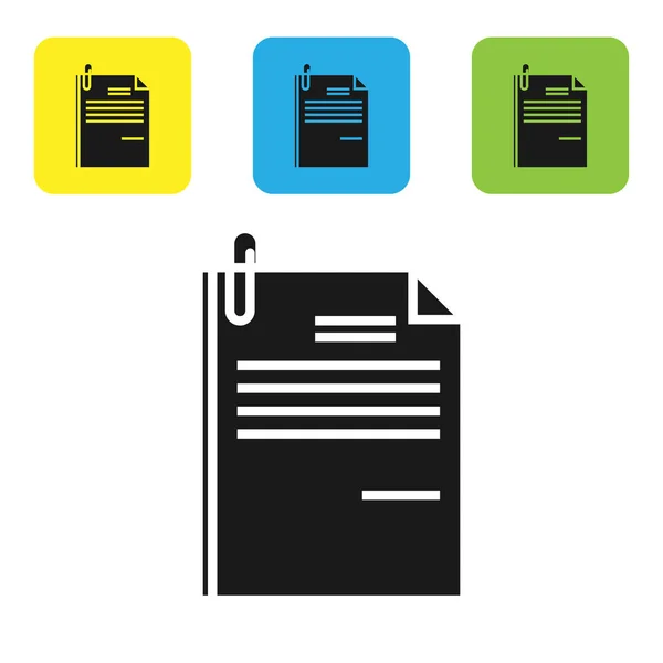 Schwarzes Dateidokument und Büroklammersymbol isoliert auf weißem Hintergrund. Checklisten-Symbol. Geschäftskonzept. setzen Symbole bunte quadratische Tasten. Vektorillustration — Stockvektor