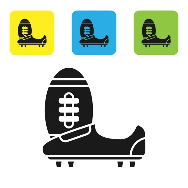 Sepak bola hitam atau sepatu sepak bola dengan ikon paku terisolasi pada latar belakang putih. Sepatu football dan bola Amerika. Mengatur ikon berwarna-warni tombol persegi. Ilustrasi Vektor - Stok Vektor