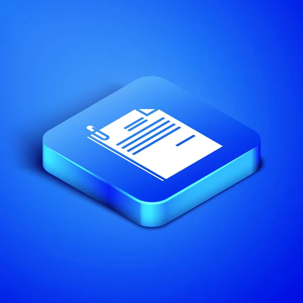 Isometric File document and paper clip icon isolated on blue background. Checklist icon. Business concept. Blue square button. Vector Illustration — Stock Vector