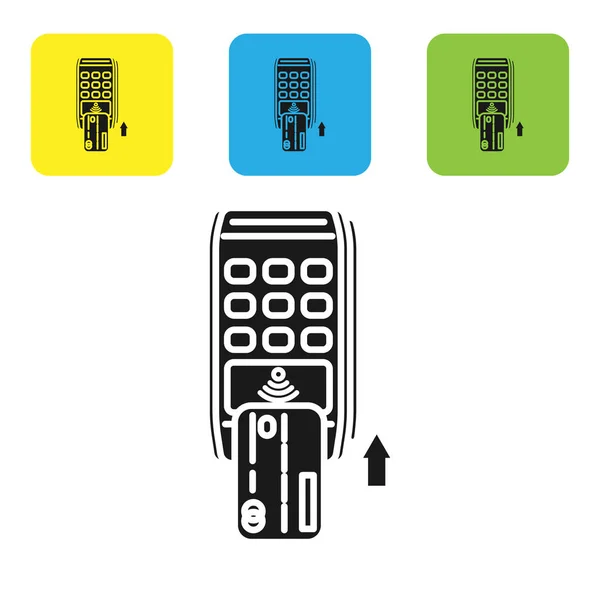 Terminal Pos preto com ícone de cartão de crédito inserido isolado no fundo branco. Transação do terminal de pagamento. Pagar com cartão. Definir ícones coloridos botões quadrados. Ilustração vetorial — Vetor de Stock