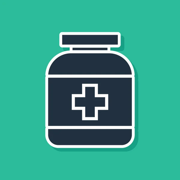 Μπλε φάρμακο μπουκάλι εικονίδιο απομονώνονται σε πράσινο φόντο. Πινακίδα χαπιού. Σχεδιασμός φαρμακείου. Εικονογράφηση διανύσματος — Διανυσματικό Αρχείο