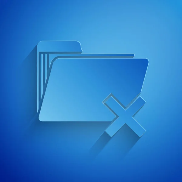 Paper cut Delete folder icon isolated on blue background. Folder with recycle bin. Delete or error folder. Close computer information folder. Paper art style. Vector Illustration — Stock Vector