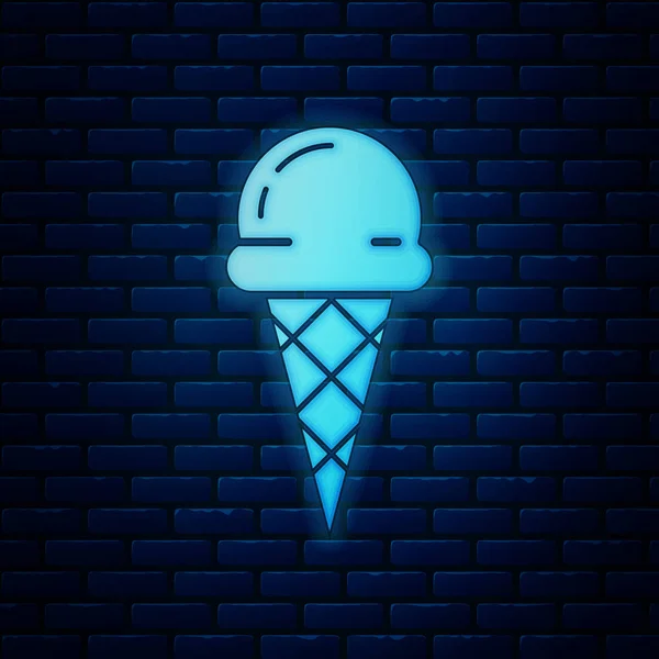 Glowing neon Ice cream in waffle cone icon isolated on brick wall background. Sweet symbol. Vector Illustration — Stock Vector