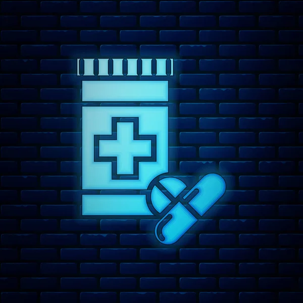 Brilhante neon medicina garrafa e pílulas ícone isolado no fundo da parede de tijolo. Sinal de pílula de garrafa. Design de farmácia. Ilustração vetorial — Vetor de Stock