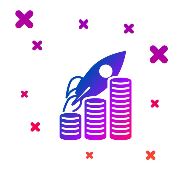 Farb-Rakete fliegt auf Münzen Wachstumstabelle Symbol isoliert auf weißem Hintergrund. Grafik, die Umsatzzuwächse zeigt. Gradienten zufällige dynamische Formen. Vektorillustration — Stockvektor