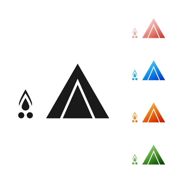 Tenda turistica nera con icona del fuoco a legna isolata su sfondo bianco. Simbolo campeggio. Set icone colorate. Illustrazione vettoriale — Vettoriale Stock