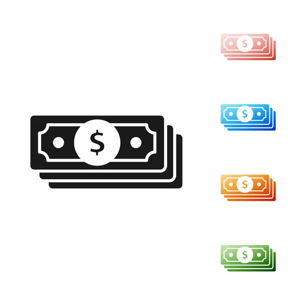 Black Stacks icône de trésorerie de papier argent isolé sur fond blanc. Des piles de billets de banque. Monnaie fiduciaire. Définir des icônes colorées. Illustration vectorielle — Image vectorielle