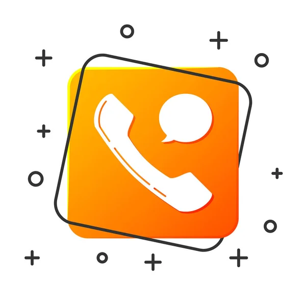 Vit telefonlur och pratbubbla Chattikon isolerad på vit bakgrund. Telefon skylt. Orange fyrkantig knapp. Vektor illustration — Stock vektor