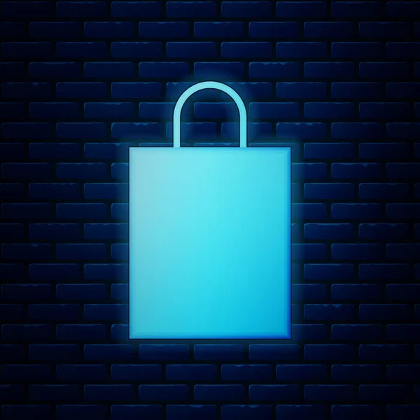 Brilhante neon ícone saco de compras de papel isolado no fundo da parede de tijolo. Assinatura do pacote. Ilustração vetorial — Vetor de Stock