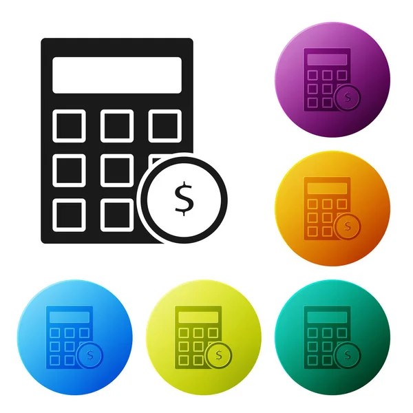 Zwarte calculator met dollar symbool pictogram geïsoleerd op witte achtergrond. Geldbesparende concept. Boek houdings symbool. Set pictogrammen kleurrijke cirkel knoppen. Vector illustratie — Stockvector