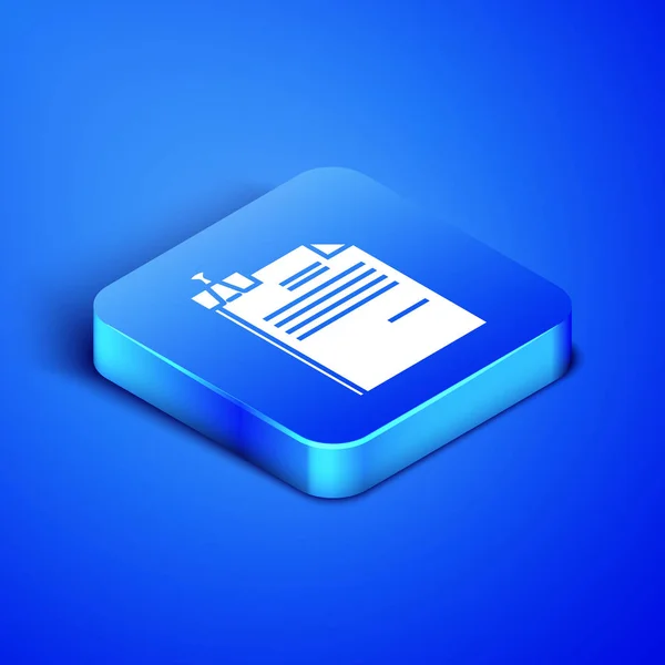 Isometric File document and binder clip icon isolated on blue background. Checklist icon. Business concept. Blue square button. Vector Illustration — Stock Vector