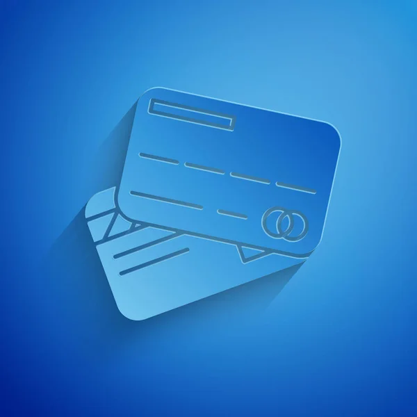 Corte de papel Icono de tarjeta de crédito aislado sobre fondo azul. Pago en línea. Retiro de efectivo. Operaciones financieras. Señal de compra. Estilo de arte de papel. Ilustración vectorial — Vector de stock