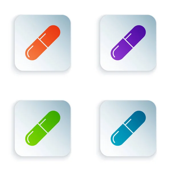 Цвет медицины таблетки или таблетки значок изолирован на белом фоне. Капсула и наркотический знак. Аптечный дизайн. Установите иконки в красочные квадратные кнопки. Векторная миграция — стоковый вектор
