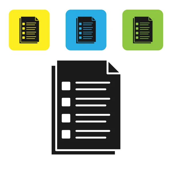 Fichier noir icône du document isolé sur fond blanc. Icône Liste de vérification. Concept d'entreprise. Set icônes boutons carrés colorés. Illustration vectorielle — Image vectorielle