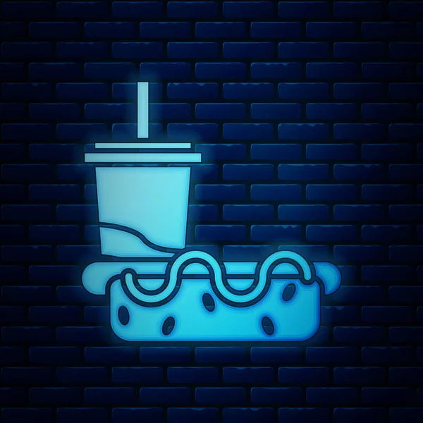Parlayan Neon kağıt cam içme saman ve Hotdog simgesi tuğla duvar arka planda izole. Soda su içeceği işareti. Hamburger, çizburger sandviç. Vektör Illustration — Stok Vektör