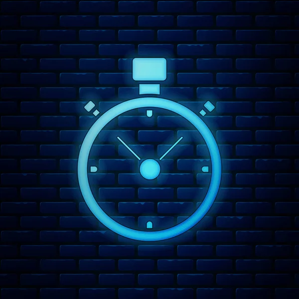 Ragyogó neon Stopwatch ikon elszigetelt téglafal háttér. Időzítő jel. Kronométer jel. Vektorillusztráció — Stock Vector