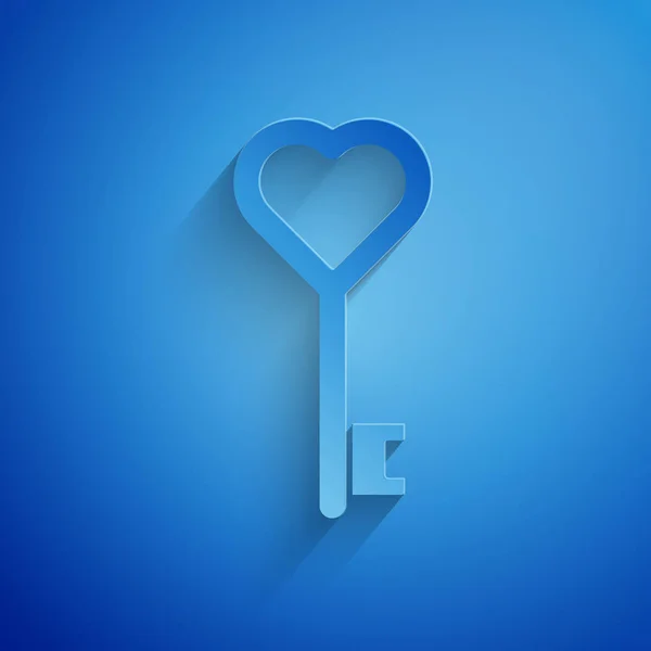 Papier découpé Clé en forme de coeur icône isolée sur fond bleu. Style art du papier. Illustration vectorielle — Image vectorielle