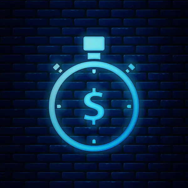 Leuchtende Neon-Zeit ist ein Geldsymbol, isoliert auf Ziegelwänden. Geld ist Zeit. Effektives Zeitmanagement. Zeit in Geld umwandeln. Stoppuhr-Schild. Vektorillustration — Stockvektor