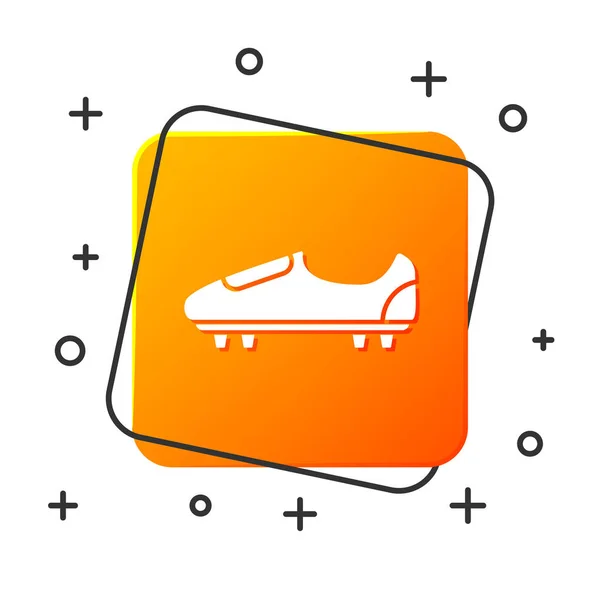 Sapatos de futebol branco ou sapatos de futebol com picos ícone isolado no fundo branco. Bota de futebol americano. Botão quadrado laranja. Ilustração vetorial — Vetor de Stock